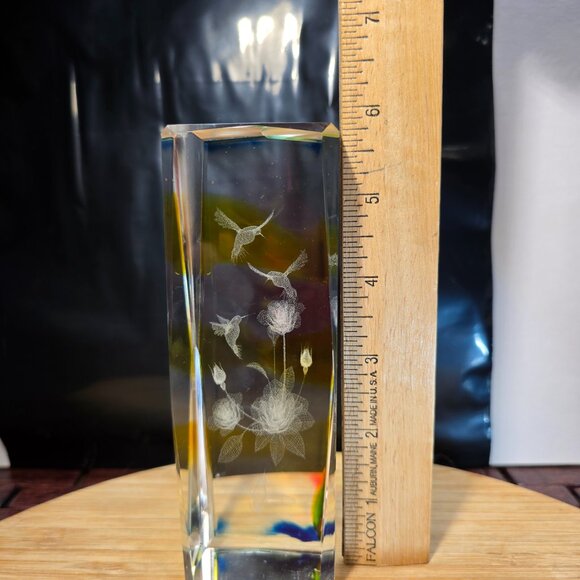 Vintage Art Glass Etched Hummingbird Rectangle Paperweight Bird & Flower - Picture 5 of 7